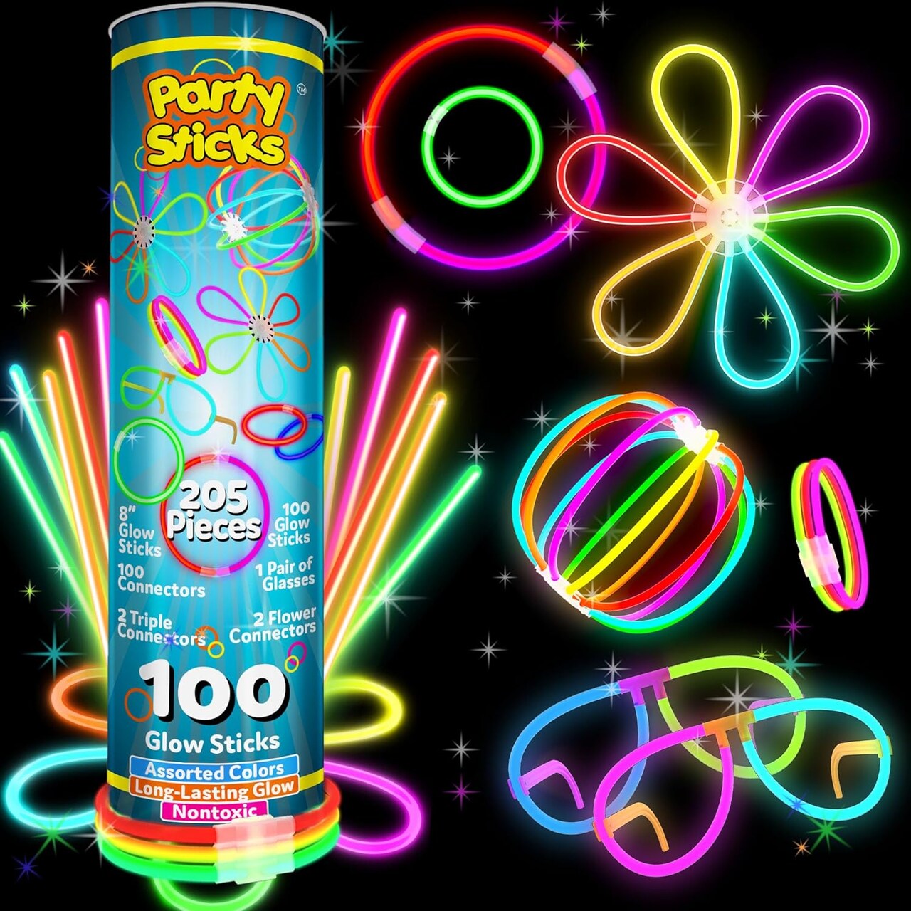 Bulk Party Supplies 205 Piece Glow in The Dark 100 Glow Sticks with Eye Glasses, Bracelets, and Connectors